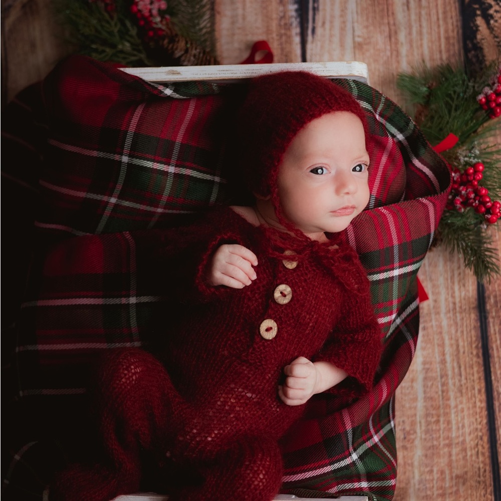 Red knit newborn Christmas photo romper and bonnet